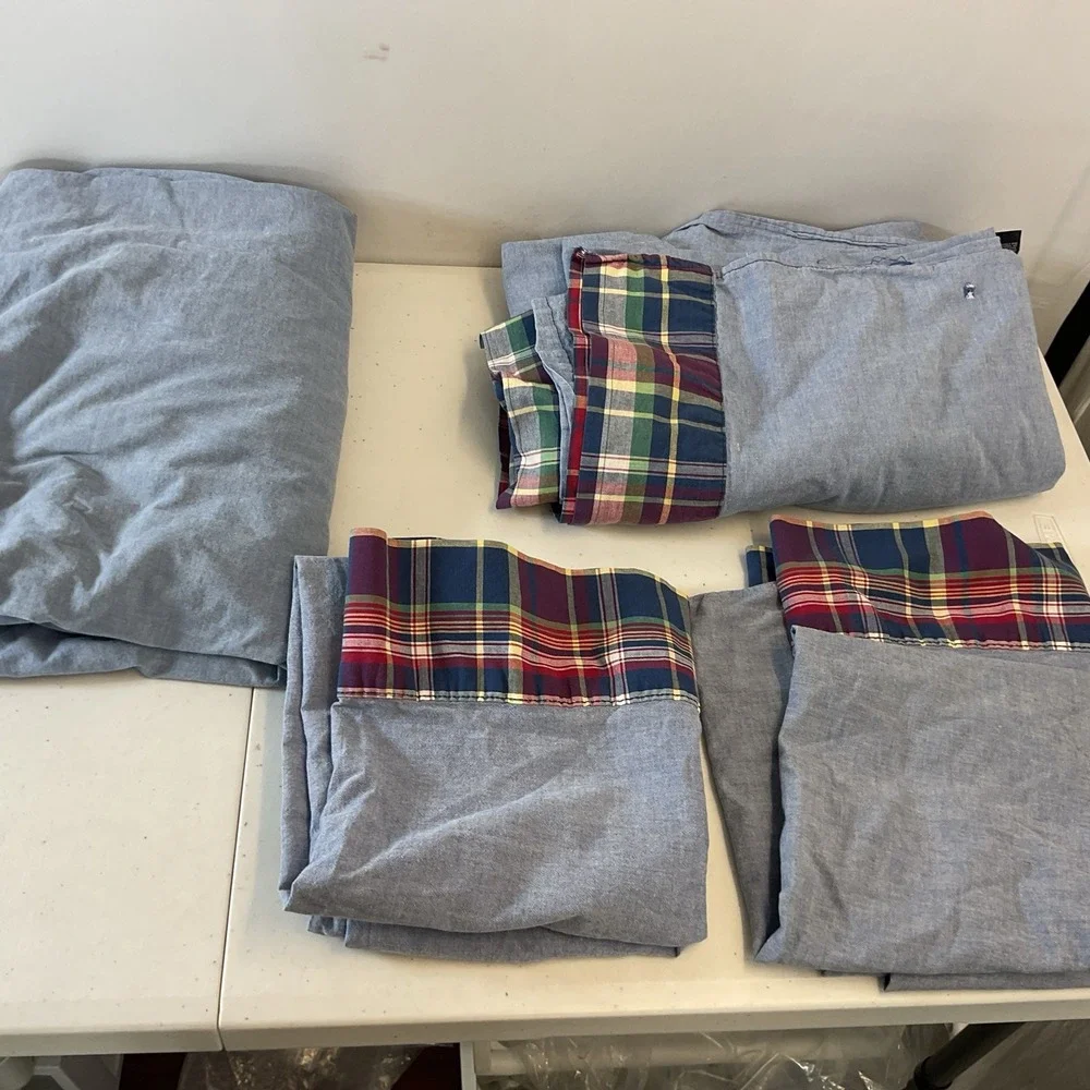 VTG Ralph Lauren Garrison Queen Flat &fitted  2 King Cases denim/ plaid trim